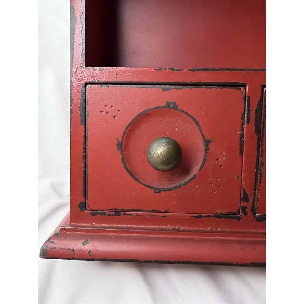 Vintage Red Wall Hanging Wooden Double Drawer Mini Cabinet Shelf Farmhouse Decor